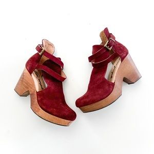 Free People Cedar Platform Clogs in Merlot Suede Wood Sole